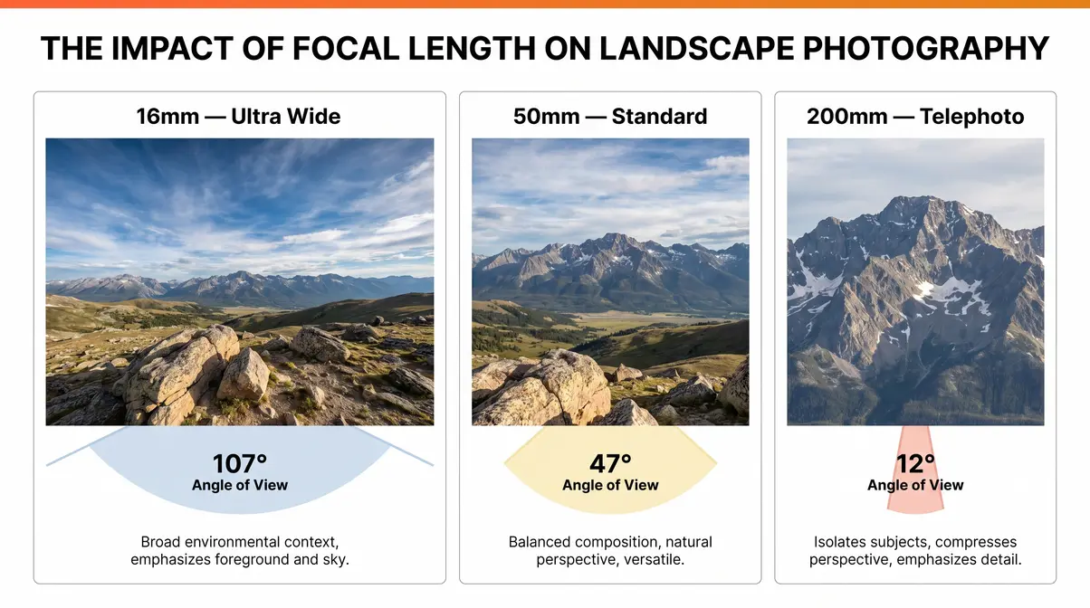 Wide-angle lens field of view comparison showing the same scene at 16mm, 50mm, and 200mm focal lengths