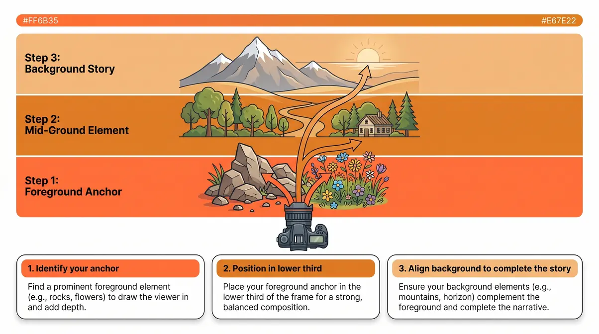 Foreground anchor method diagram showing wide-angle lens composition with foreground, mid-ground, and background layers