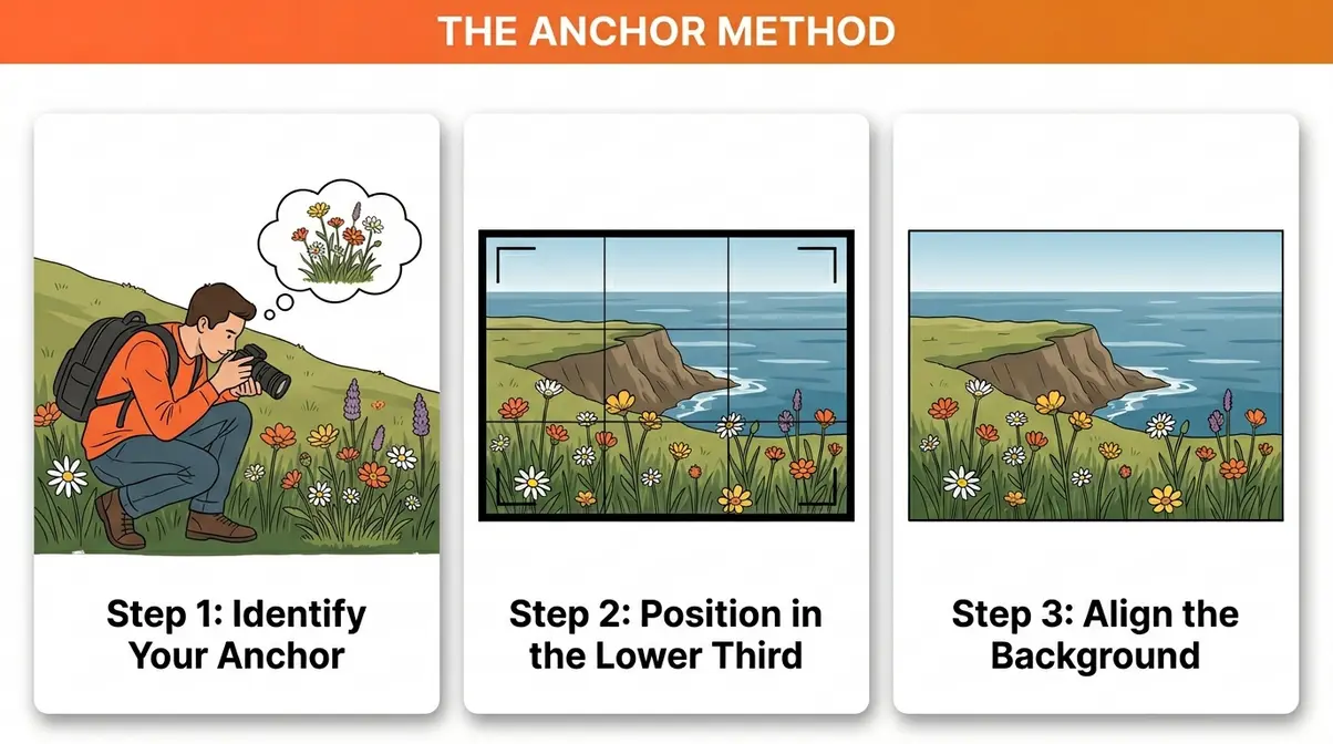 Foreground anchor method three-step walkthrough showing wide-angle composition technique for landscape photography
