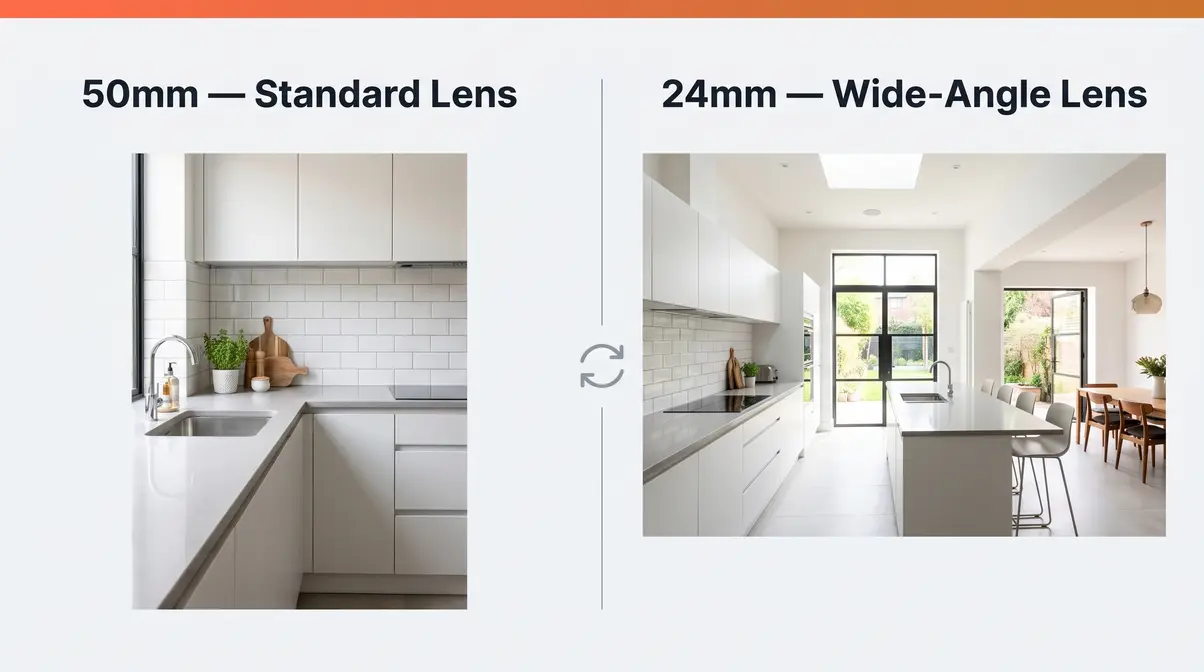 Wide-angle lens before and after comparison showing a kitchen at 50mm versus 24mm focal length