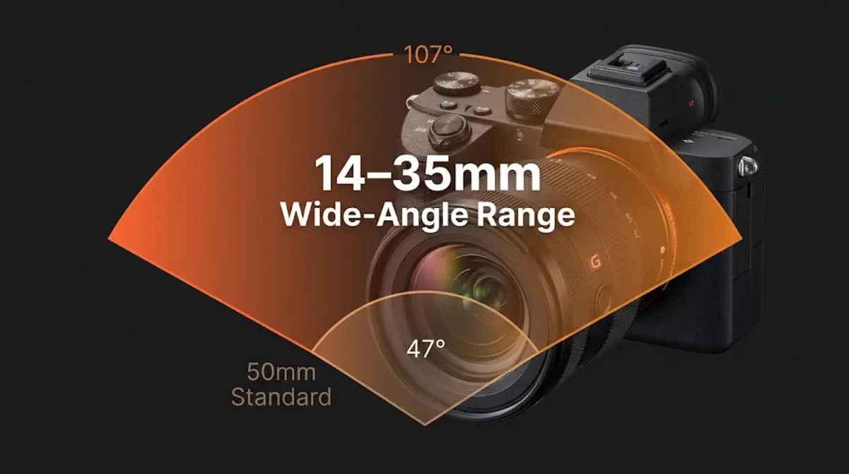 Wide-angle lens on mirrorless camera showing 14–35mm focal length range and wide field of view arc