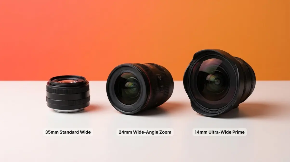 Three wide-angle lens types side by side: 35mm standard wide, 24mm zoom, and 14mm ultra-wide prime