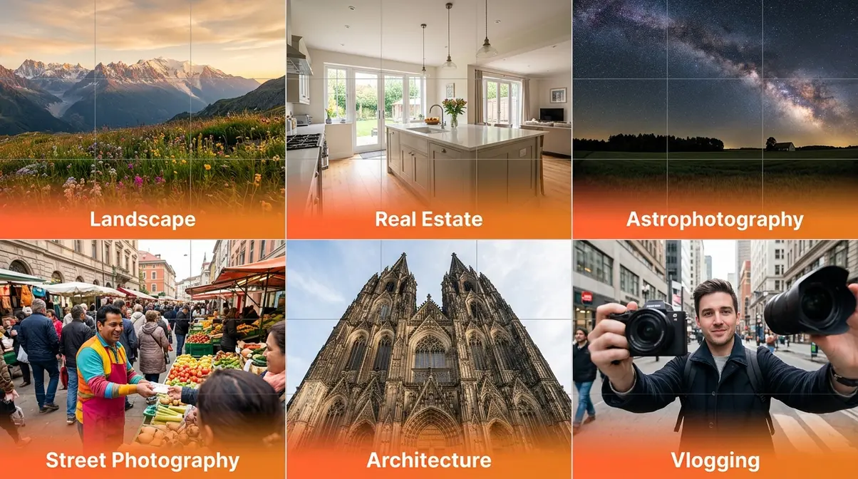 Wide-angle lens use cases grid showing landscape, real estate, astrophotography, street, architecture, and vlogging scenarios