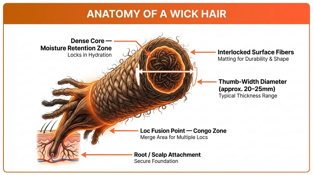 Labeled anatomy diagram of wicks hair showing scalp attachment, loc fusion points, cylindrical shape, and dense core