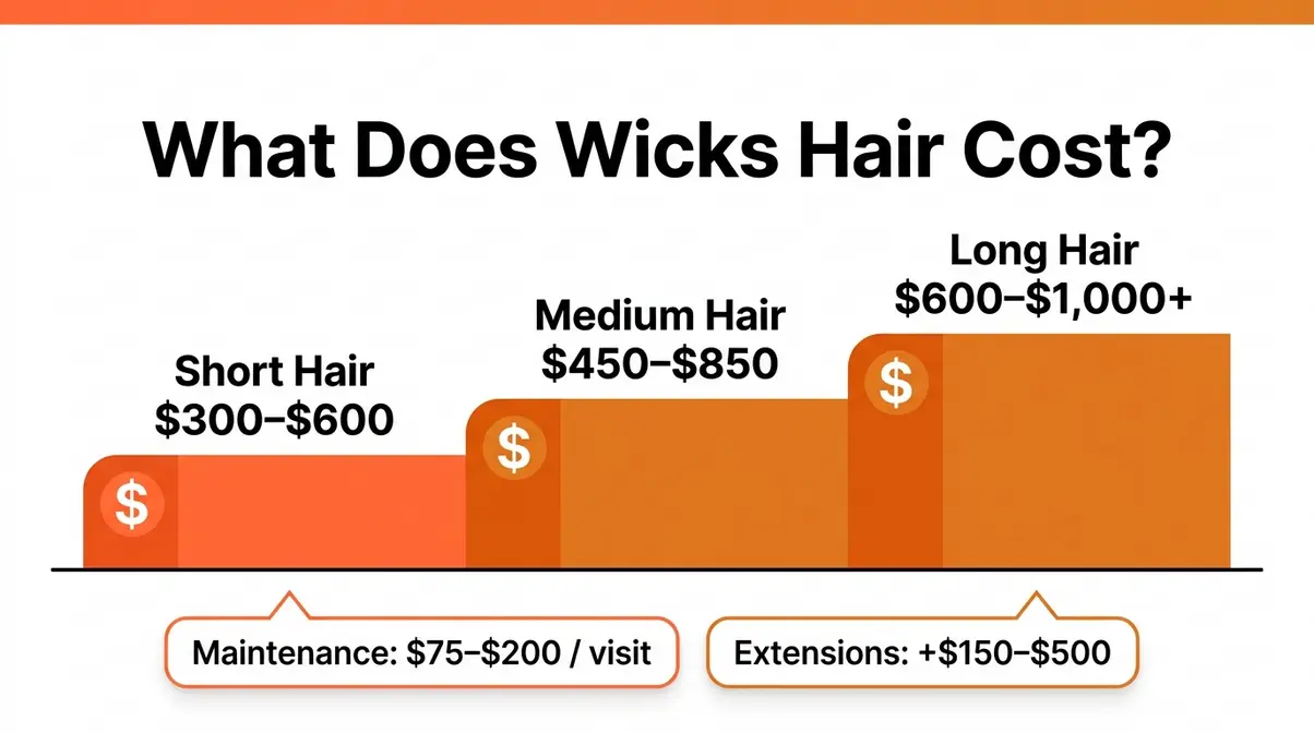 Wicks hair cost breakdown infographic showing installation price ranges from $300 for short hair to over $1,000 for long hair
