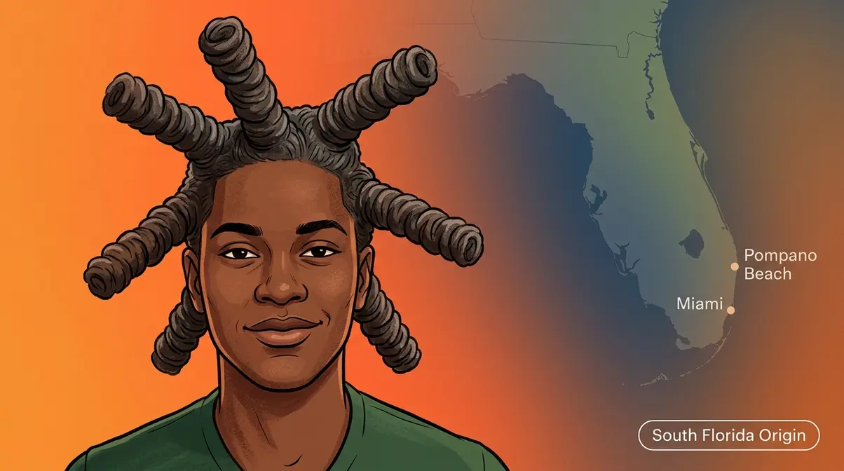 Editorial illustration showing wicks hair origin in South Florida with thick cylindrical loc columns and cultural context