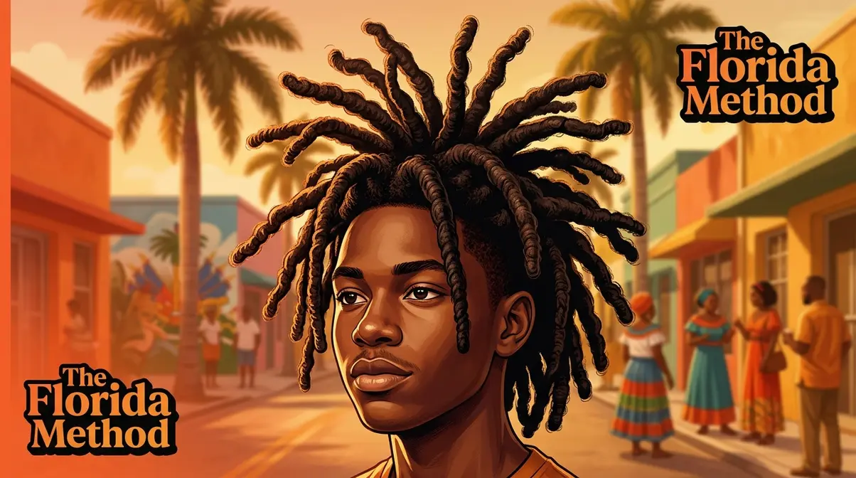 Cultural editorial image representing wicks hair South Florida Haitian-American origins with bold thick loc columns and warm Florida setting