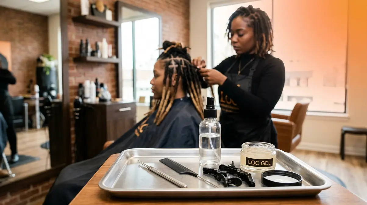 Loctician workspace showing crochet needle and tools for wicks hair installation with client in salon chair background