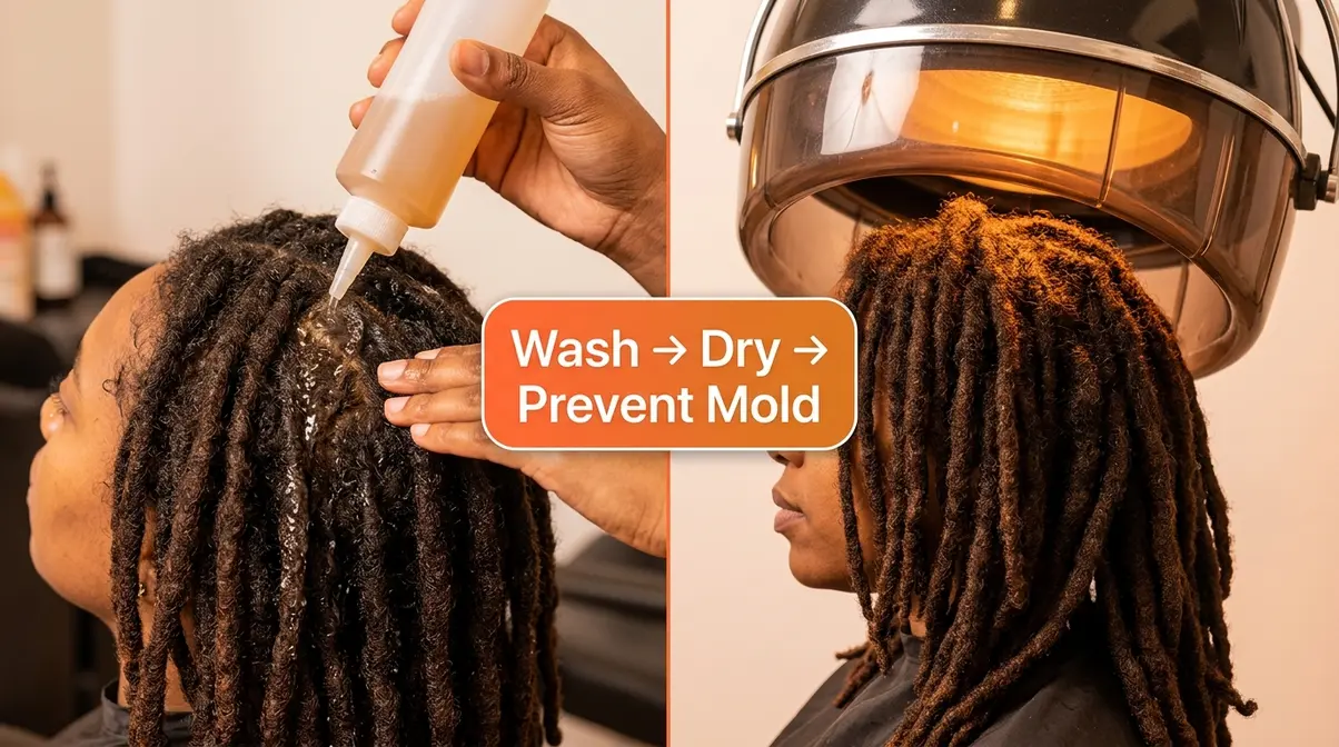 Split image showing wicks hair washing with diluted shampoo on left and hooded dryer drying process on right for mold prevention