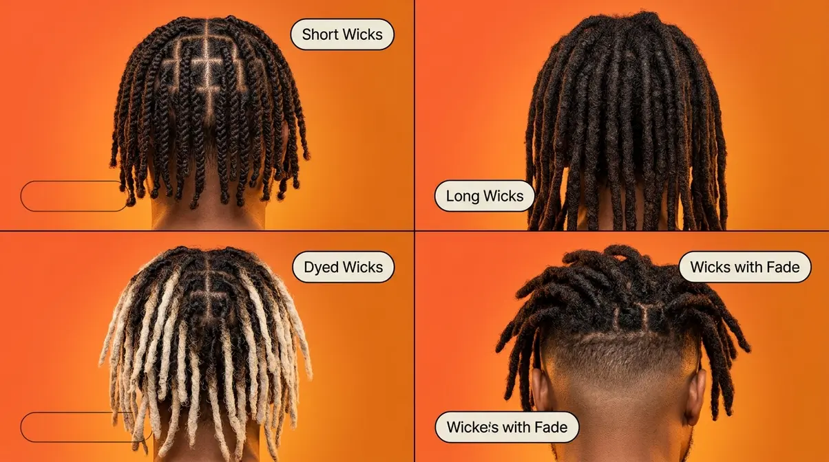 Four-panel wicks hair styles showcase showing short wicks, long wicks, dyed ombre wicks, and wicks with fade haircut