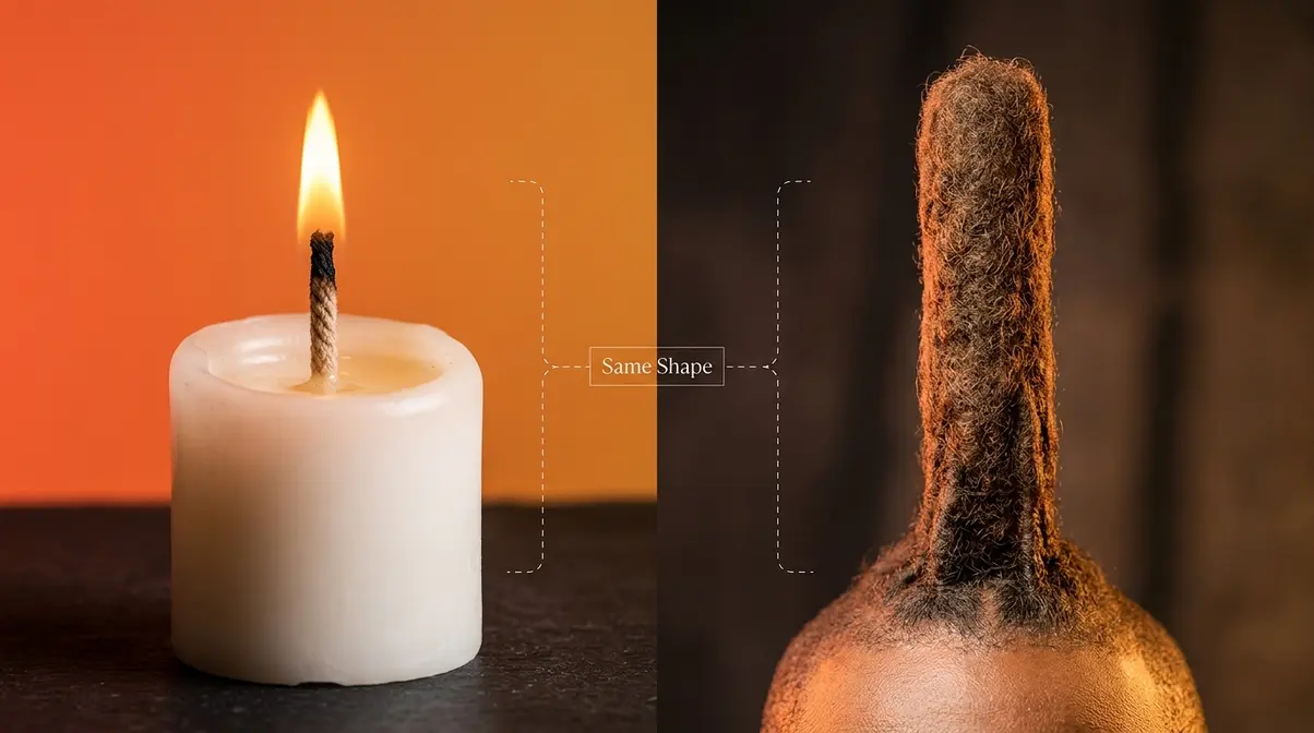 Side-by-side image comparing cylindrical candle wick shape to a single wicks hair loc column illustrating the naming origin