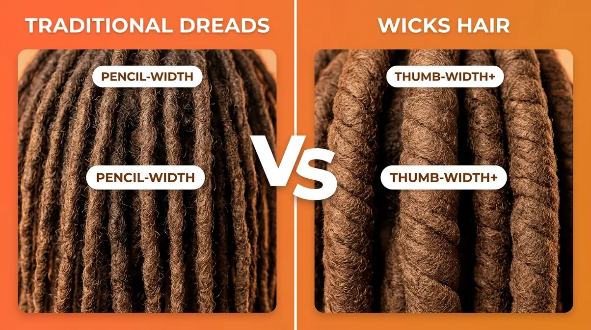 Split comparison image showing pencil-width traditional dreadlocks on left versus thick thumb-width wicks hair columns on right