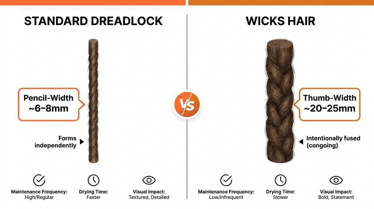 Side-by-side size comparison diagram showing pencil-width standard dreadlock versus thumb-width wicks hair column