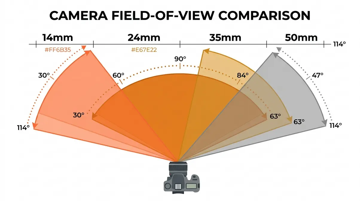 Wide angle lens photography focal length field of view comparison diagram showing 14mm through 50mm arcs