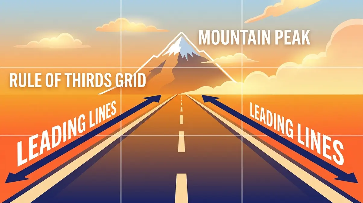 Leading lines wide angle lens composition diagram with road converging toward mountain and rule of thirds grid