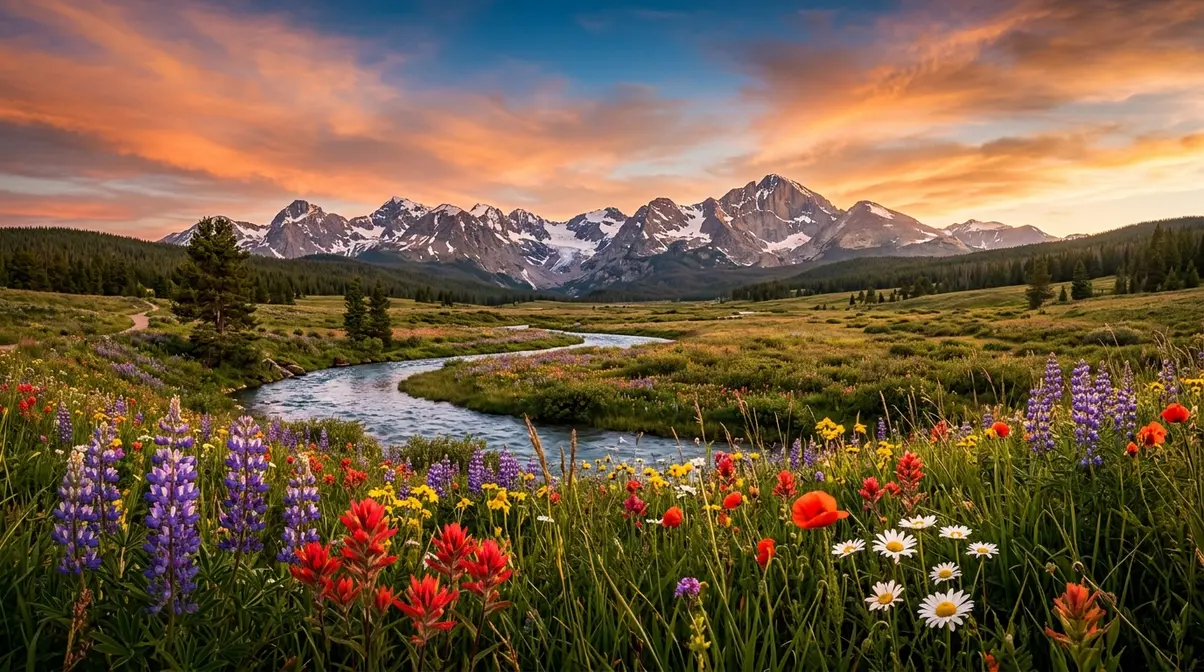 Wide angle lens landscape photography showing foreground wildflowers leading to mountain peaks at golden hour