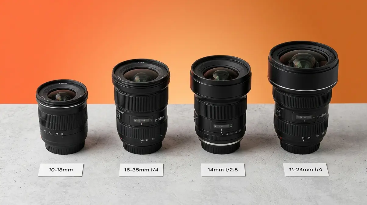 Wide angle lens buying guide showing four lenses at different focal lengths and price tiers for camera systems