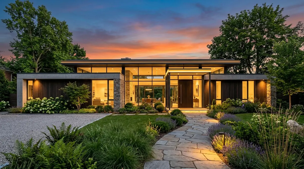 Wide angle lens photography for real estate and architecture showing modern home exterior with level camera technique