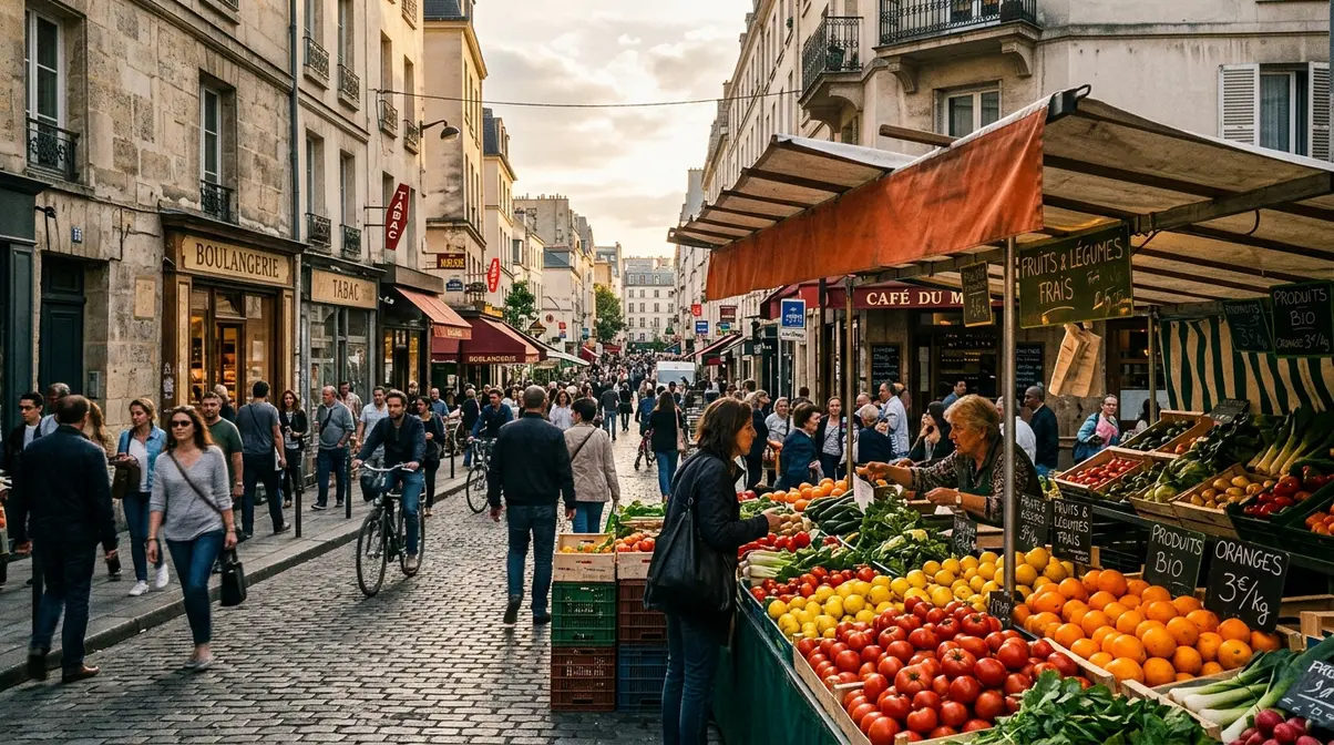 Wide angle lens street photography technique showing close foreground market stall with urban environment context