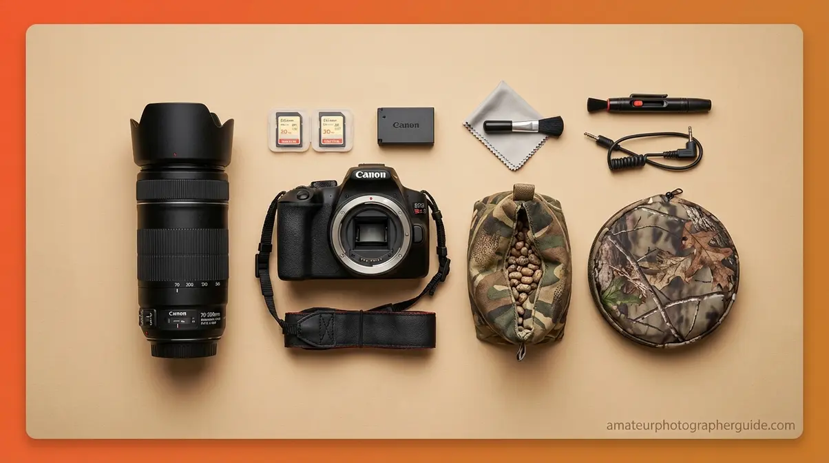 Beginner wildlife photography gear including DSLR camera body and 70-300mm telephoto zoom lens