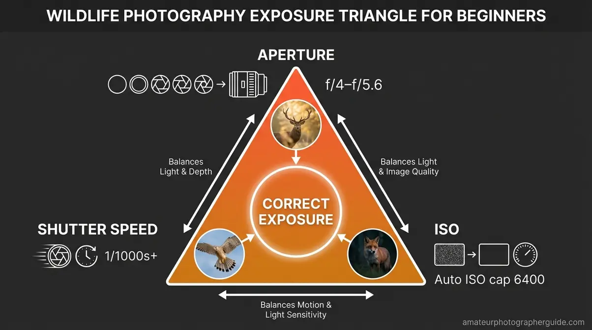 Exposure triangle diagram for wildlife photography beginners showing aperture shutter speed and ISO with animal photo examples