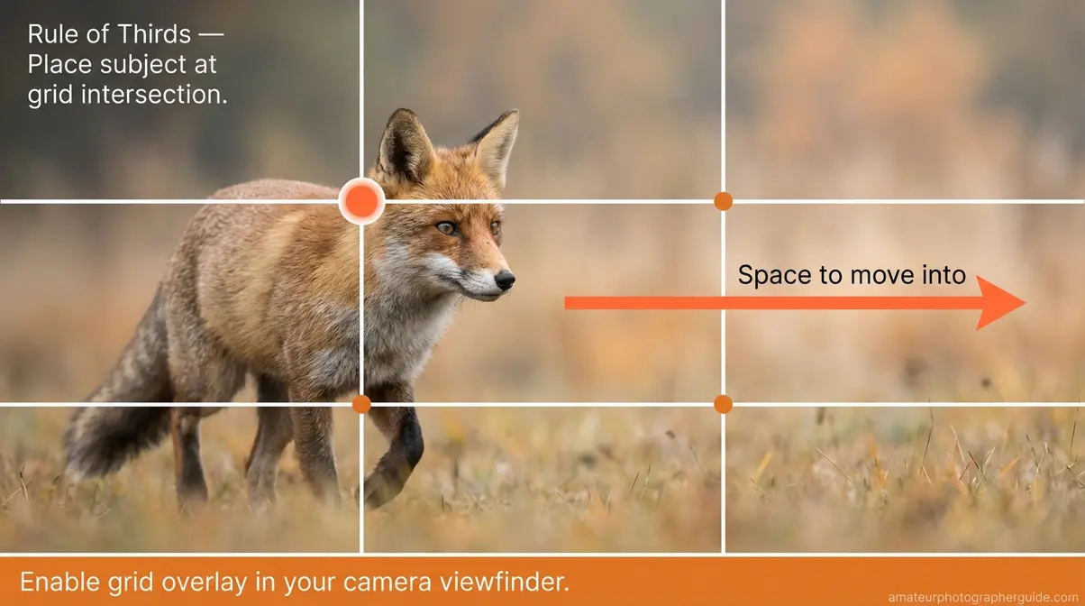 Rule of thirds composition diagram showing wildlife subject placed at grid intersection with space to move into