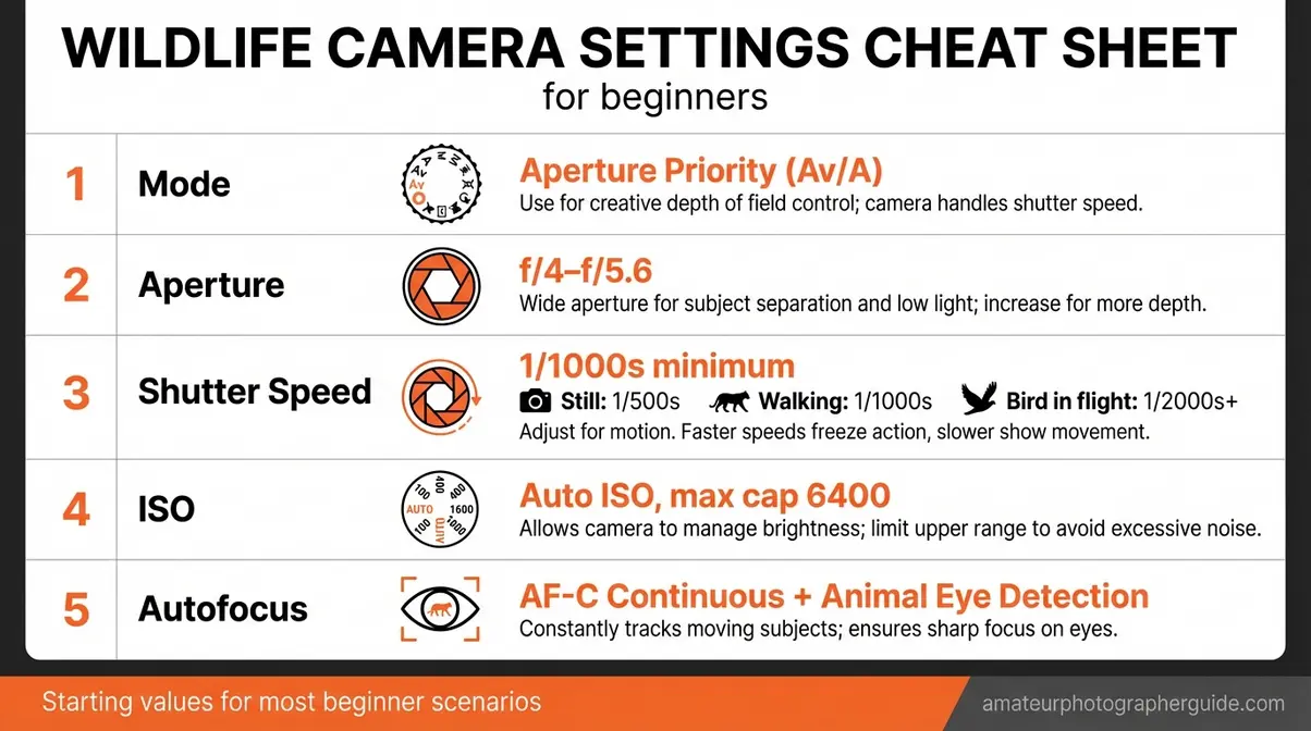 Beginner wildlife photography camera settings cheat sheet showing shutter speed aperture ISO and autofocus starting values