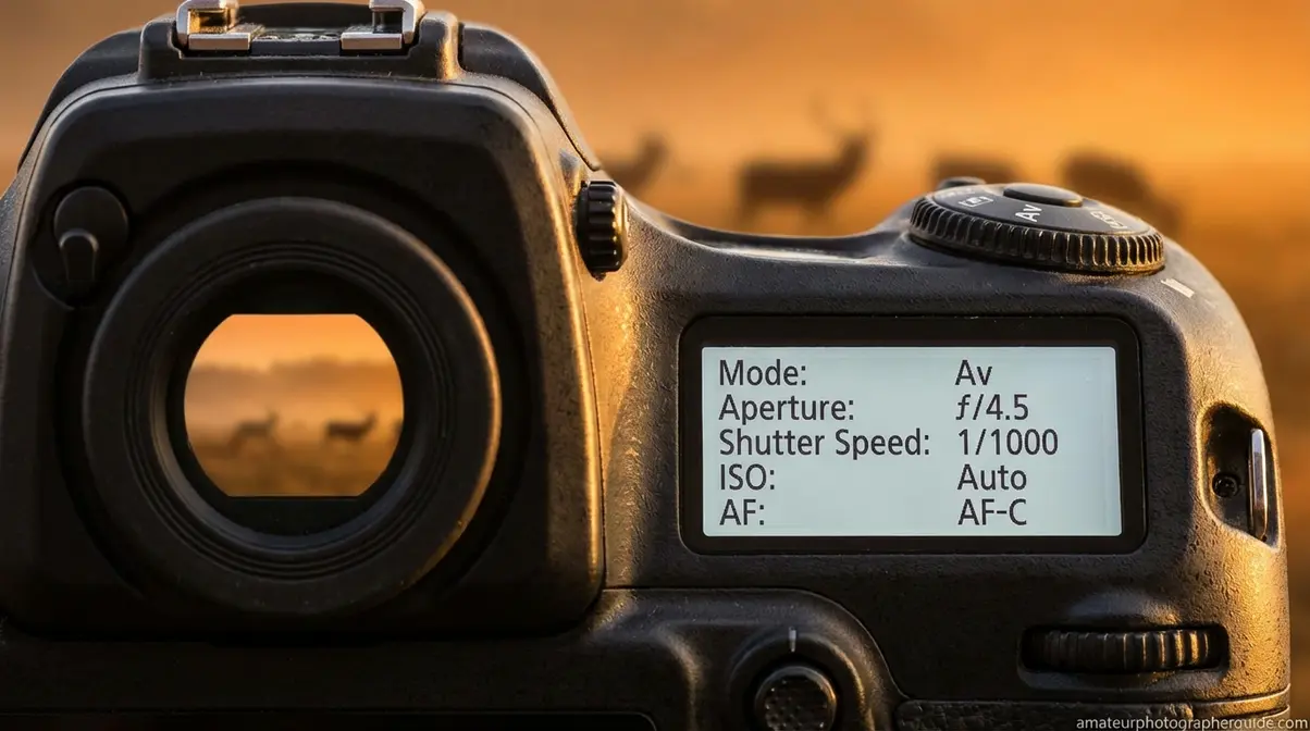 DSLR camera screen showing wildlife photography settings including aperture shutter speed and ISO values