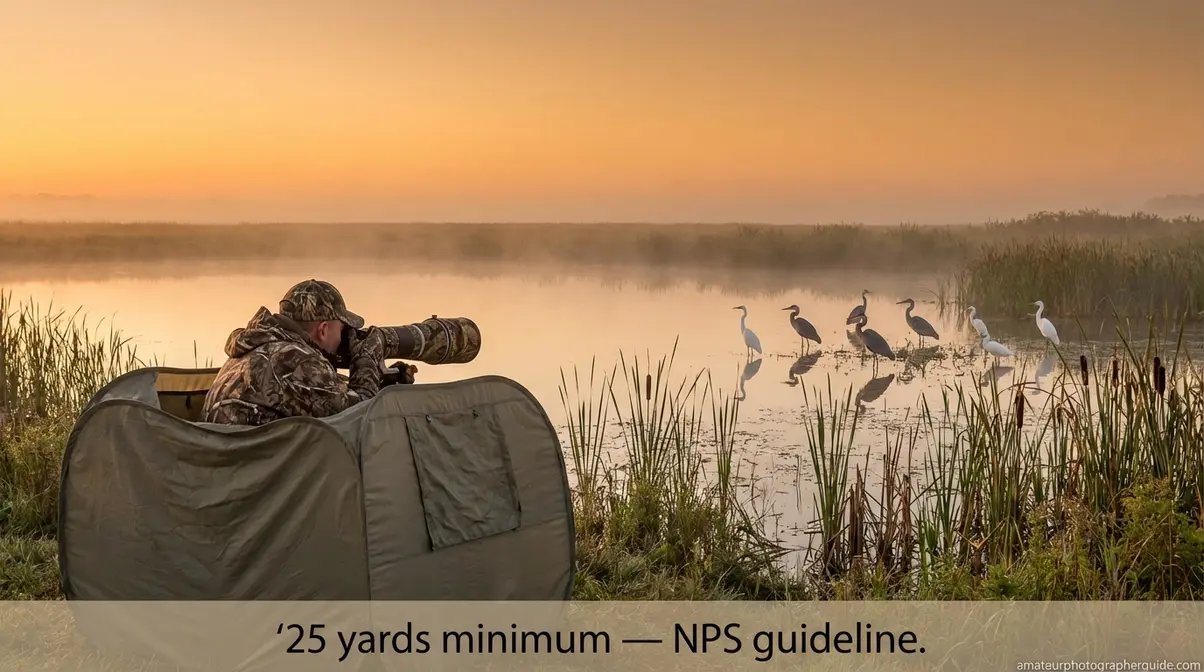 Wildlife photographer in camouflage using a pop-up hide near a pond respecting the 25-yard safe distance guideline