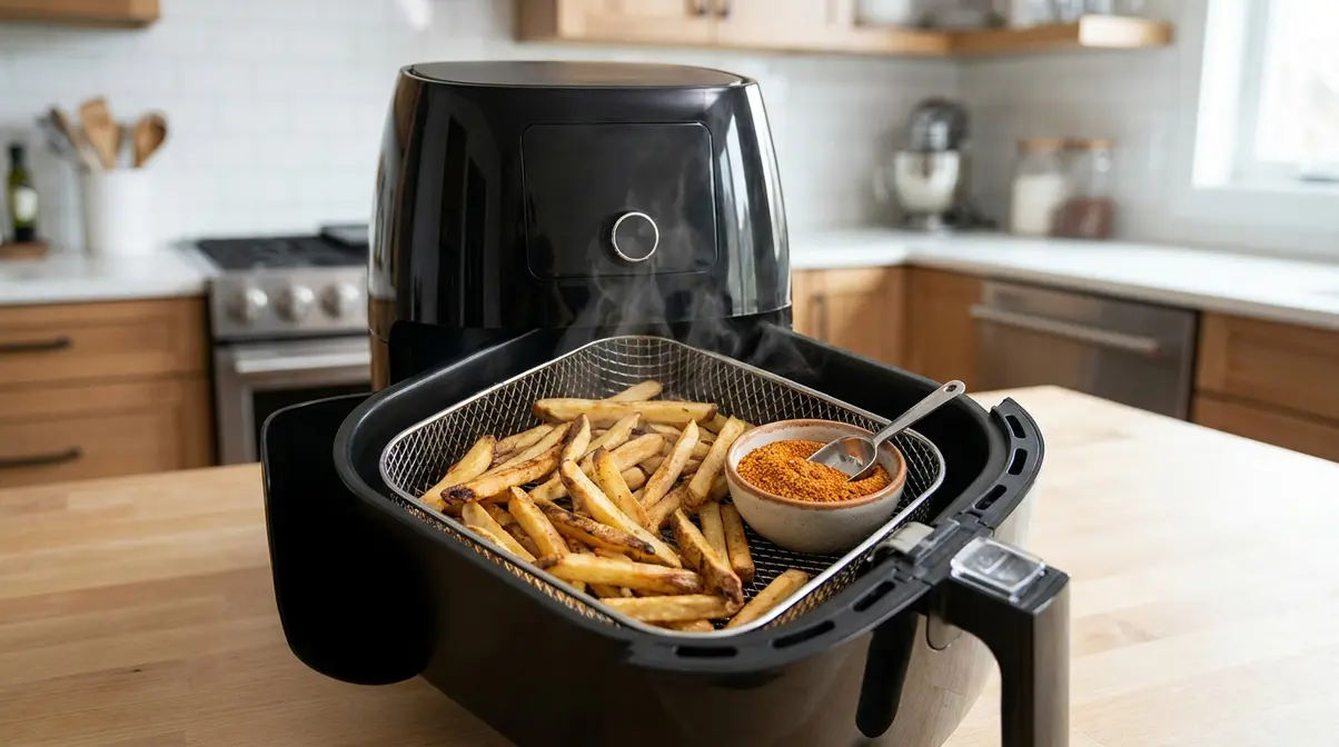 Wingstop Fry Seasoning Copycat: 5-Minute Recipe 4 Air fryer basket with golden crispy fries ready for Wingstop fry seasoning copycat application after cooking