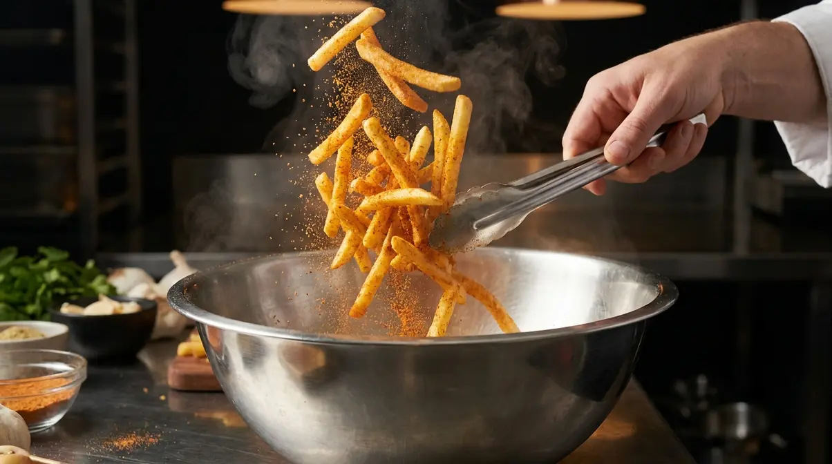 Wingstop Fry Seasoning Copycat: 5-Minute Recipe 3 Hot golden fries being tossed with Wingstop fry seasoning copycat in a large stainless steel bowl