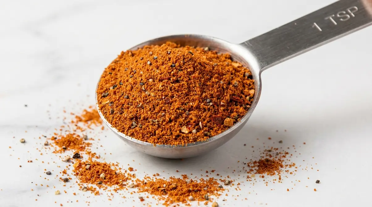 Wingstop Fry Seasoning Copycat: 5-Minute Recipe 5 Rust-orange Wingstop fry seasoning copycat blend on a measuring spoon showing correct color and texture