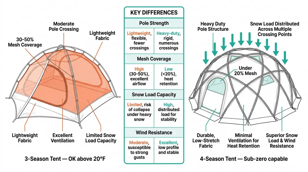 3-season vs 4-season tent structure comparison diagram showing pole patterns mesh coverage and snow load distribution
