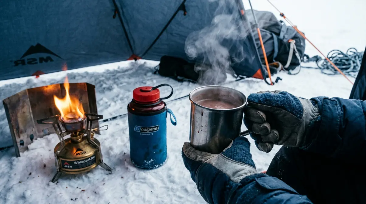 Winter camper holding hot cocoa beside liquid fuel camp stove with insulated Nalgene water bottle stored upside down in snow