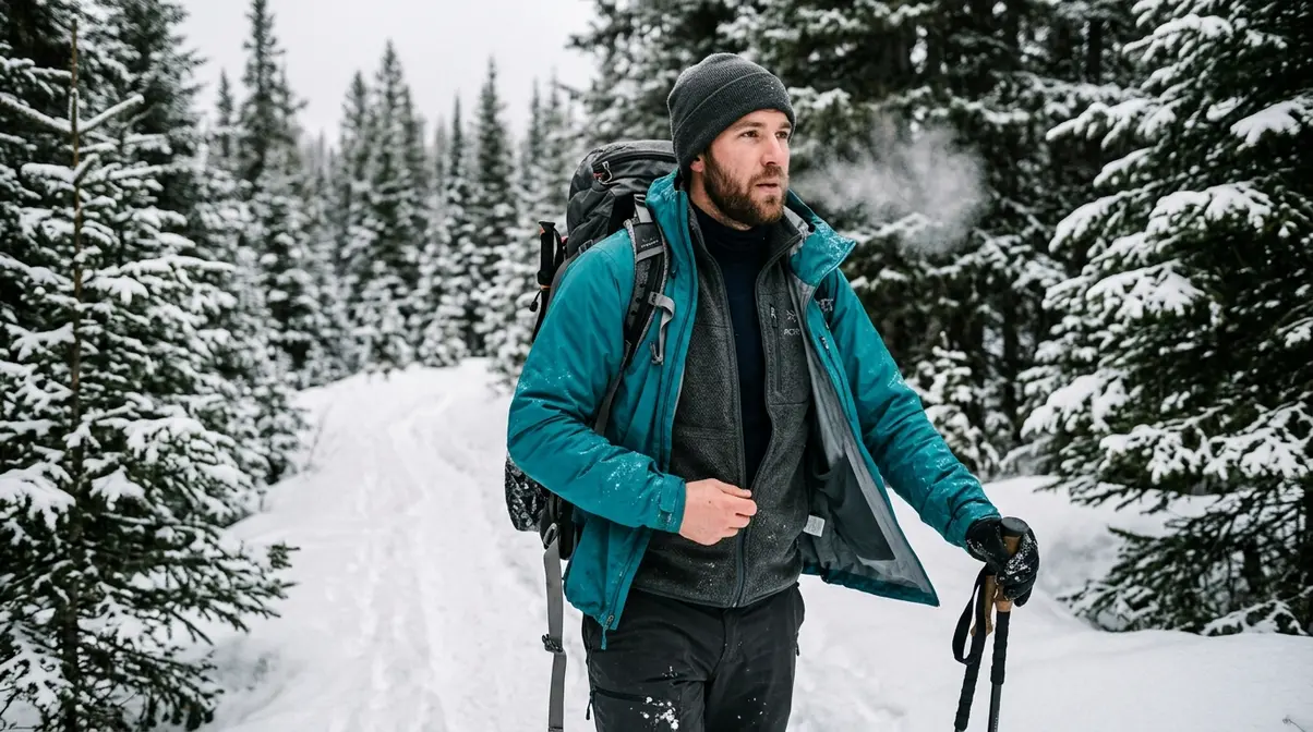 Winter camper unzipping hardshell jacket on snowy trail to vent heat and manage moisture between clothing layers