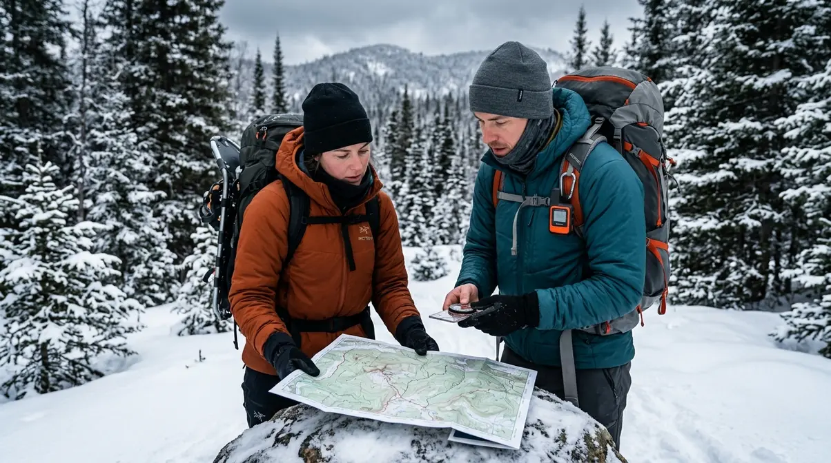 Two winter campers reviewing topographic map with compass and satellite communicator in snowy forest for safe navigation