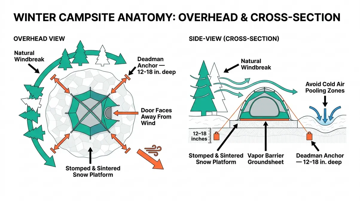 Winter camping tips tent setup diagram showing snow platform deadman anchors windbreak positioning and door orientation