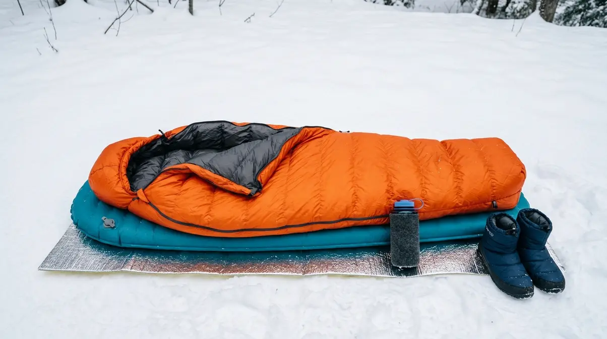 Winter sleep system flat-lay showing foam mat inflatable pad sleeping bag and Nalgene hot water bottle for cold camping