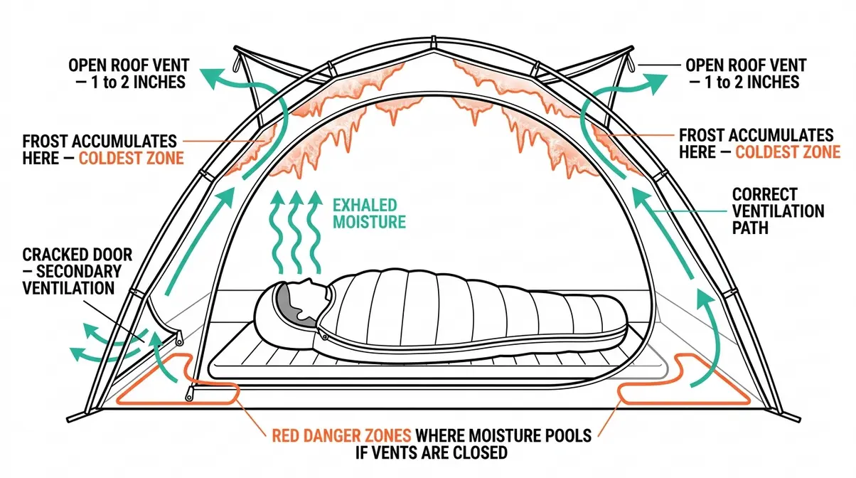 Diagram showing condensation buildup inside a winter tent at frost accumulation zones and correct roof vent ventilation points