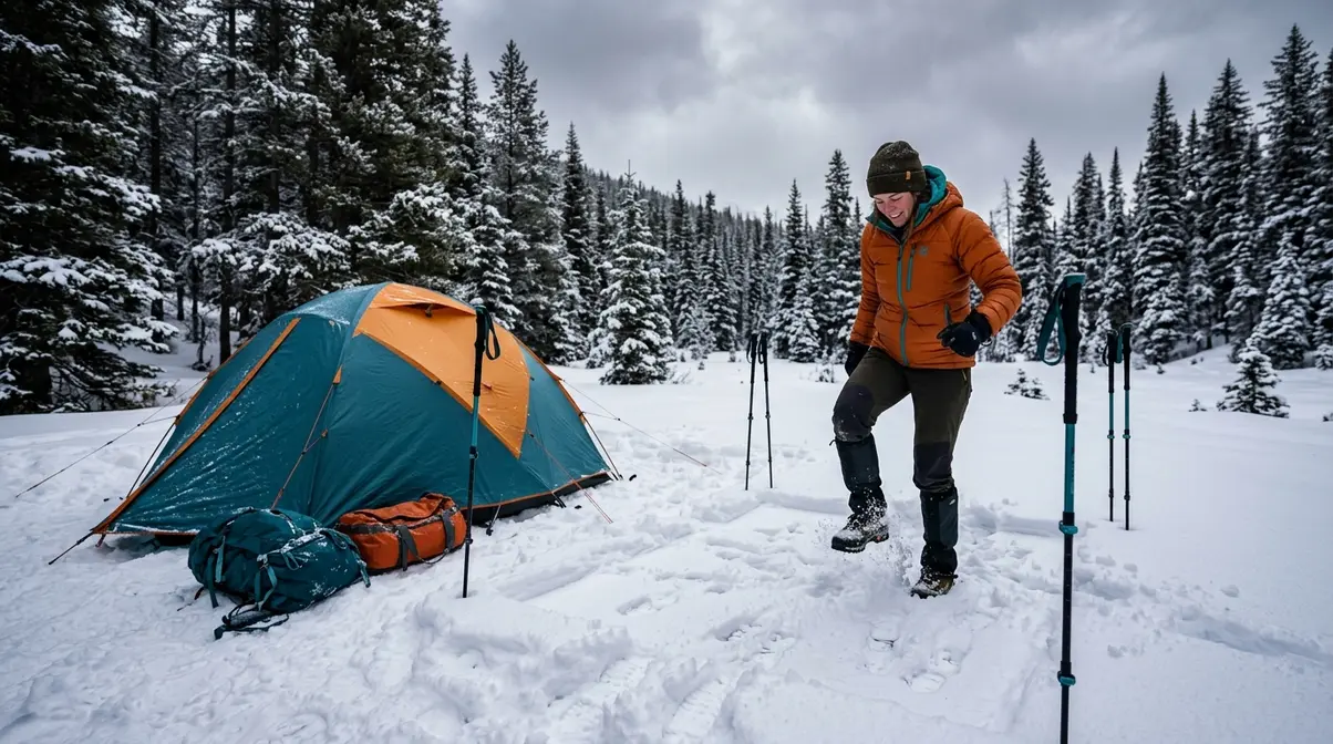 Camper stomping a snow platform for winter tent setup in a pine forest campsite