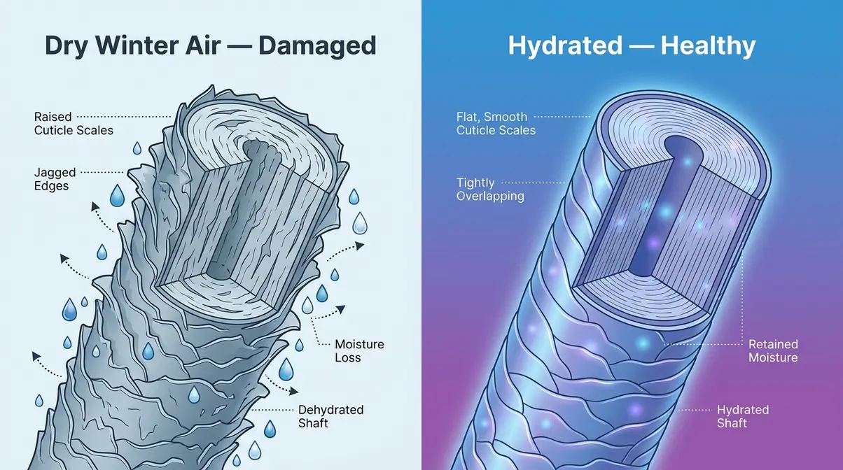 Hair cuticle cross-section diagram showing raised scales in winter dryness versus smooth scales when hydrated