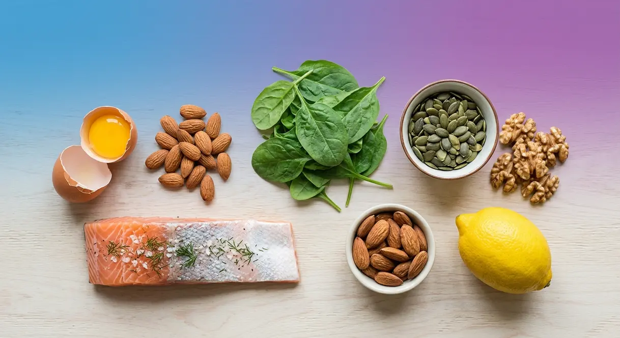 Nutrient-rich foods for hair health including eggs, salmon, spinach, almonds, and pumpkin seeds