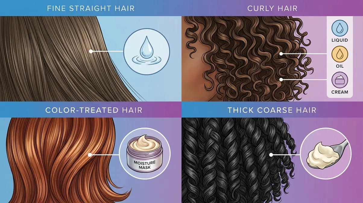 Four hair types in winter showing fine, curly, color-treated, and thick hair care approaches