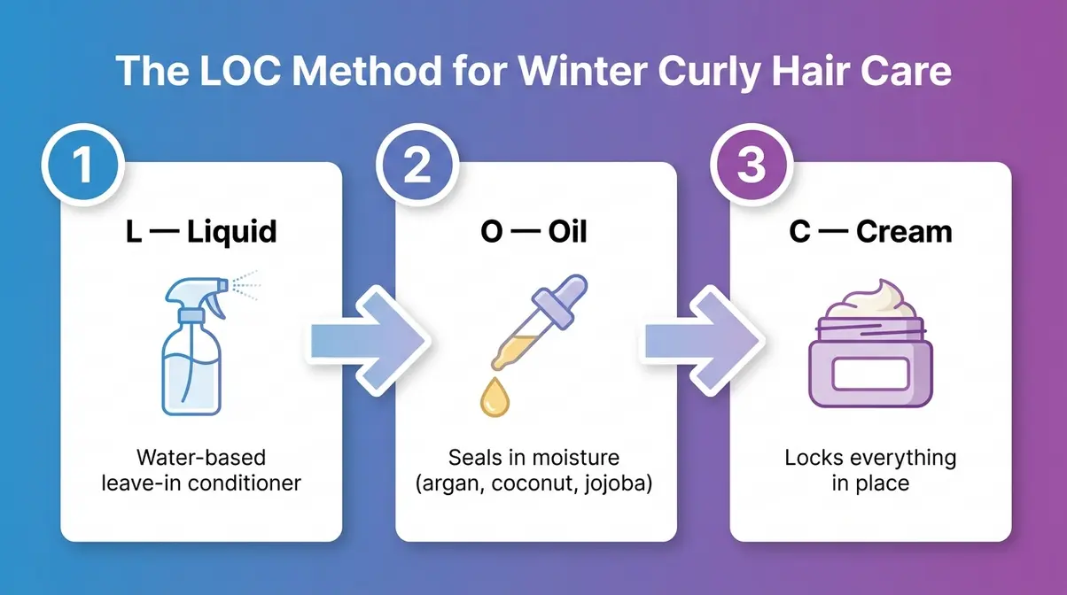 LOC method step-by-step infographic showing liquid, oil, and cream layering for curly hair in winter