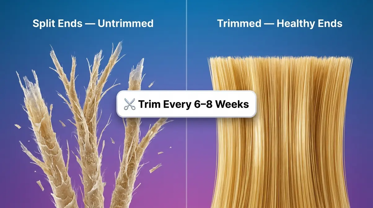 Split ends versus healthy trimmed hair ends with a 6 to 8 week trim timeline callout