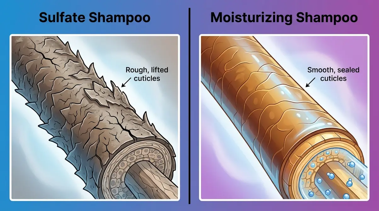 Comparison illustration of hair cuticle after sulfate shampoo versus moisturizing shampoo in winter