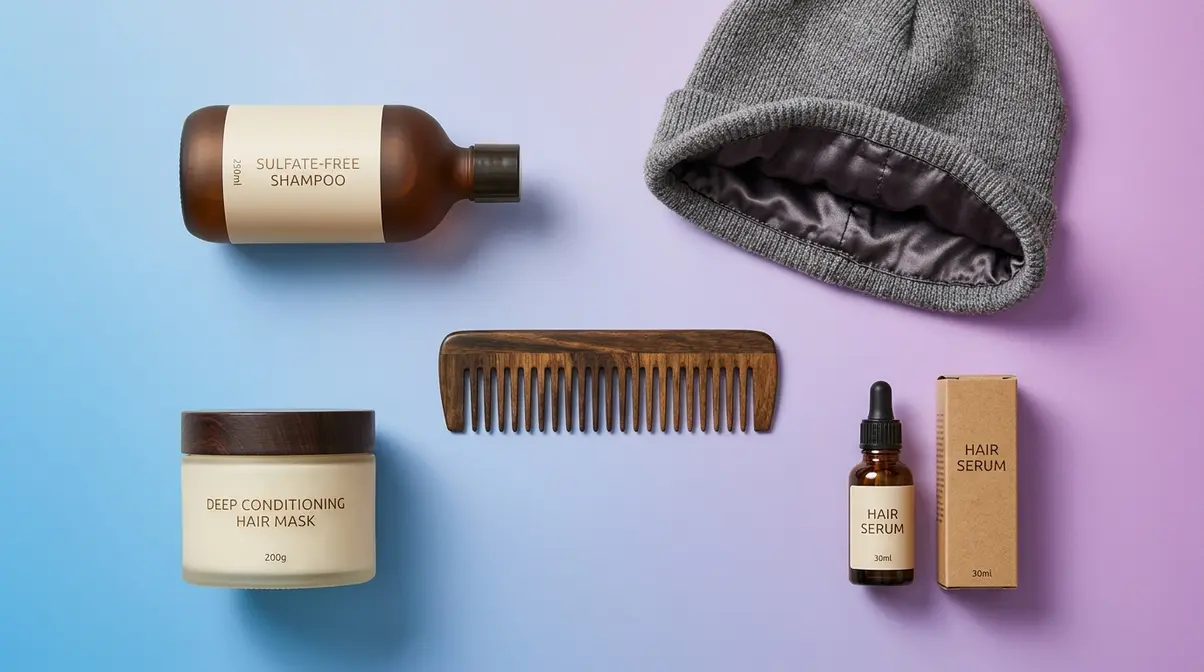 Winter hair care essentials flat lay showing shampoo, mask, comb, serum, and silk-lined hat