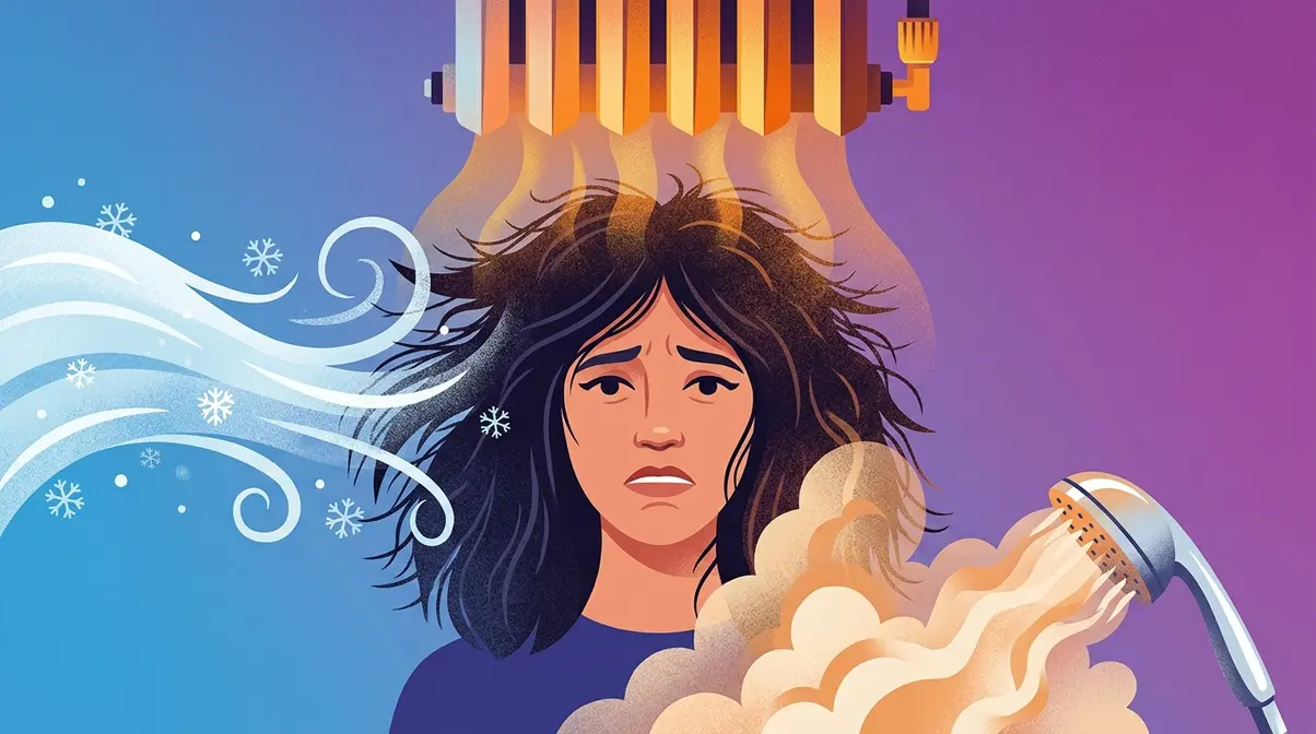 Illustration showing cold air, indoor heating, and hot showers causing winter hair damage simultaneously