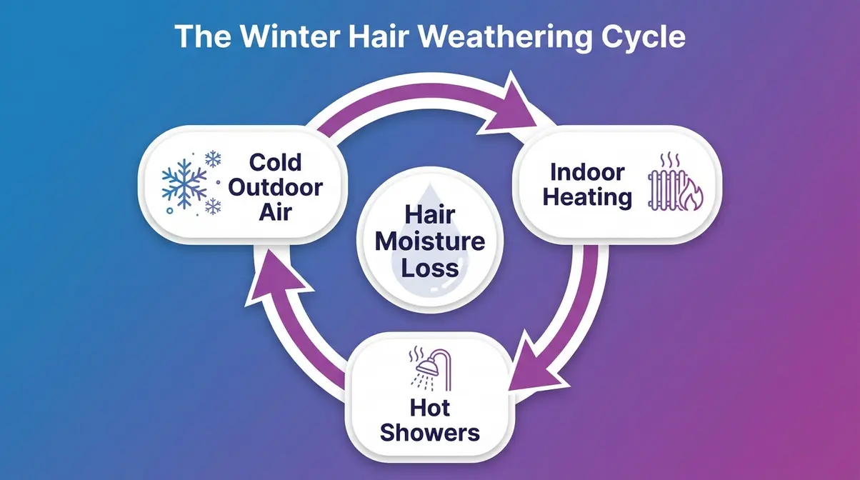 Winter Hair Weathering Cycle diagram showing cold air, indoor heating, and hot showers compounding hair damage