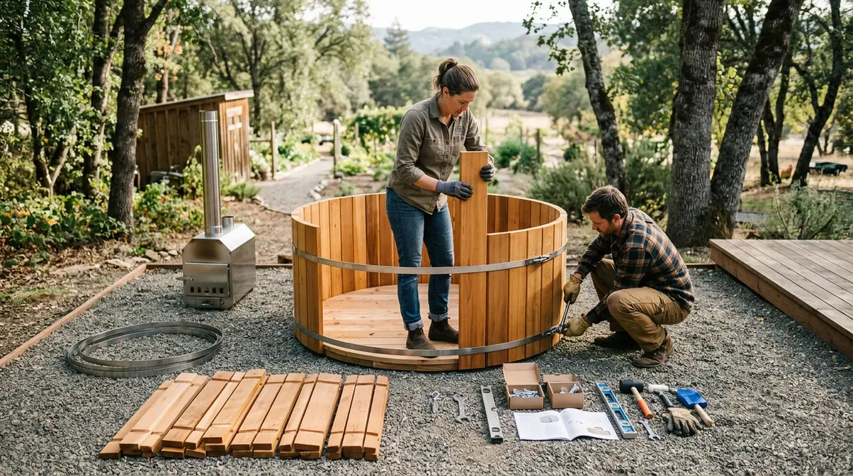 Two people assembling a DIY wood fired hot tub kit with cedar staves and metal hoops on a gravel pad